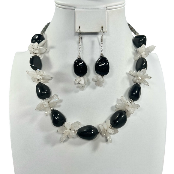 Jewelry - Silver Sheen Obsidian & Moonstone 925 Chunky Beaded Gemstone Necklace & Earrings